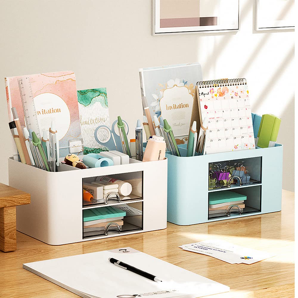 Organizer Da Scrivania Con Cassetto - Portapenne Multifunzione 7 Scomparti In Plastica Per Ufficio E Casa (Blu) - Foto 12