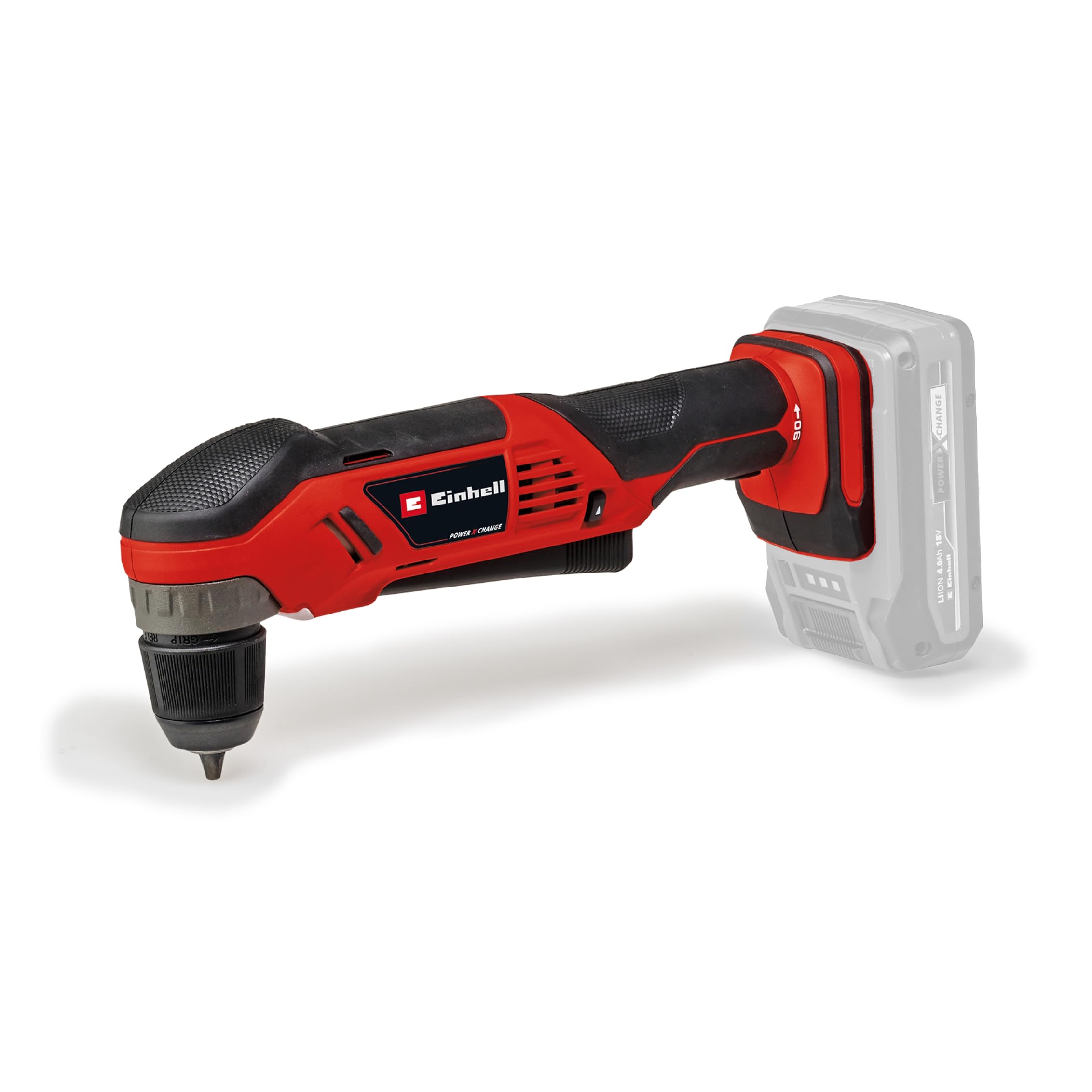 Einhell Taladro angular con batería TE-AD 18 Li-Solo Power X-Change (18 V, 45 Nm, 10 mm portabrocas de sujeción rápida, luz LED, recepción de batería giratoria, sin batería)