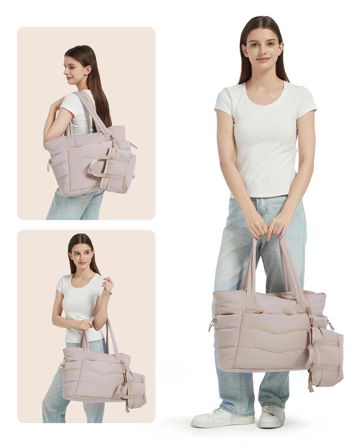 Wandering Nature Handtasche Damen Tote Bag 2-Tlg Puffer Shopper Tasche mit Laptopfach (15,6 Zoll) & Getränkehalter (40oz/1.18l), Ideal für Arbeit Schule Reisen Shopping (Patent Angemeldet)