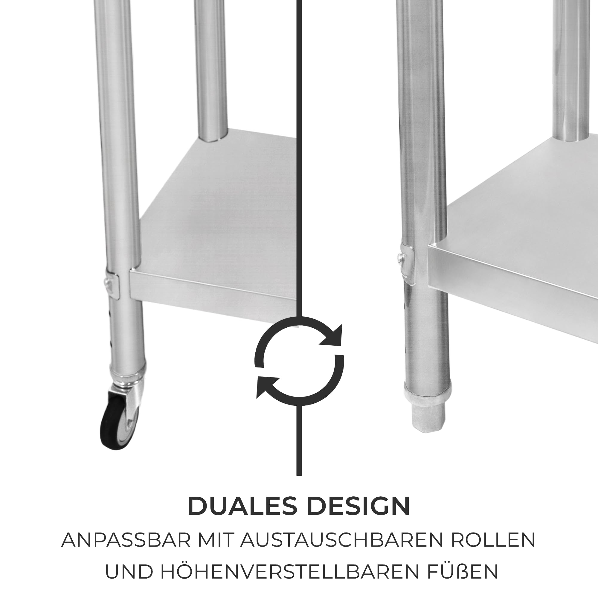 Gastro Edelstahl Arbeitstisch Vorbereitungstisch Küchentisch Zerlegetisch Flexibel Mobil 4 Rollen 2 Bremsen 4 anpassbaren Füßen Verstellbares unteres Regal 3 Positionen 160kg Kapazität 76 x 45 x 86cm