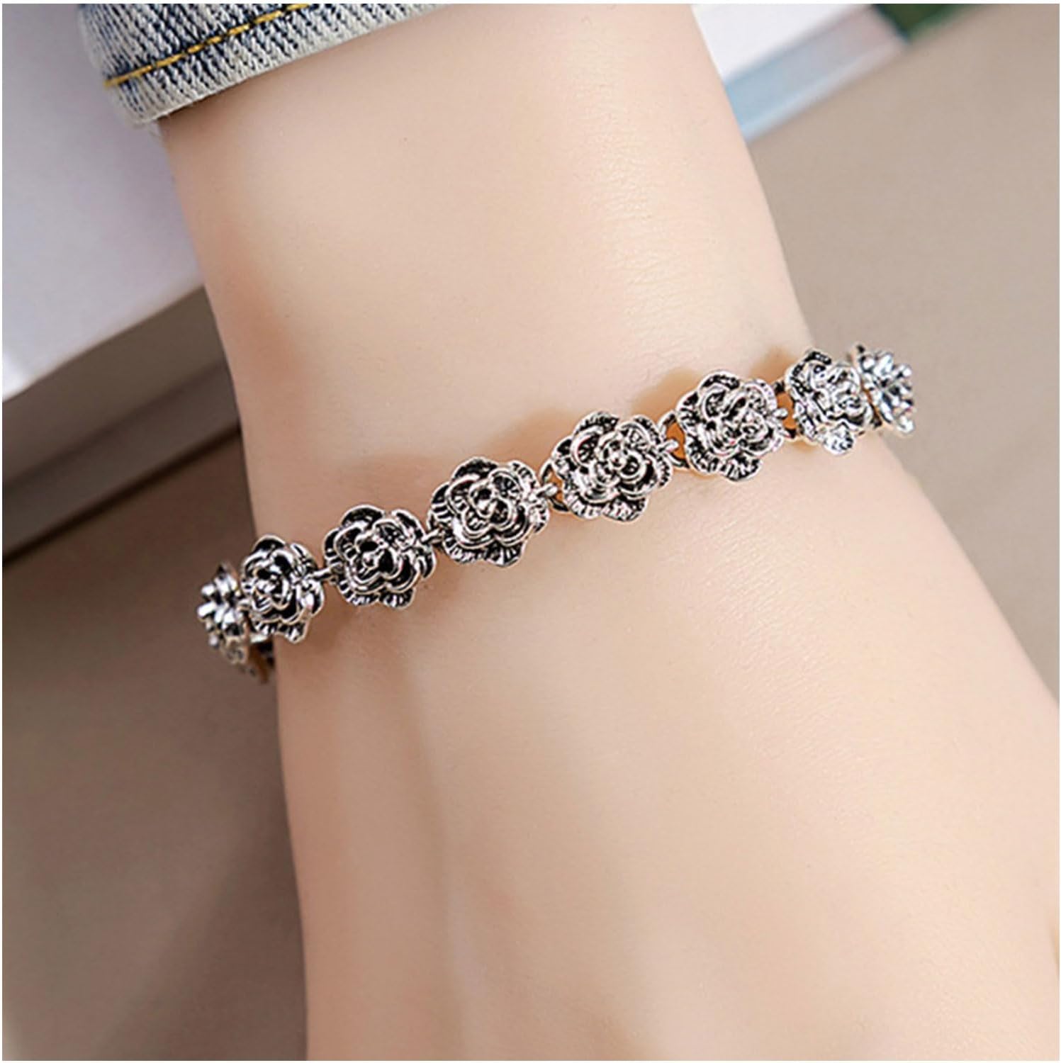 Vintage Silver Flower Bracelet for women Rose flower bracelet Gothic Rose Bracelet for Women - Image 2