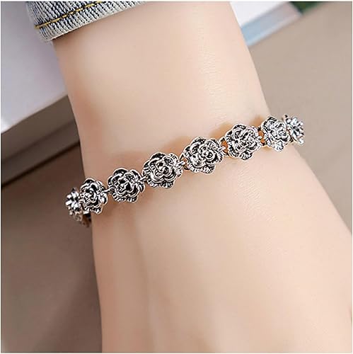 Miniatura 2 de Pulsera de flores de plata vintage para mujer, pulsera de flores de rosa, pulsera gótica de rosas para mujer