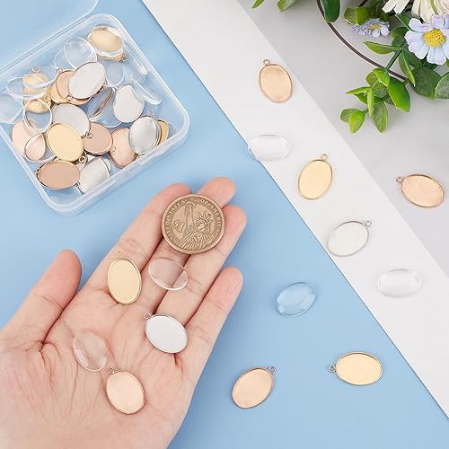 Miniatura 2 de UNICRAFTALE 30 juegos de 3 colores 304 de acero inoxidable ovalado en blanco con cabujones de vidrio de 0.709 x 0.512 in bandejas hipoalergénicas