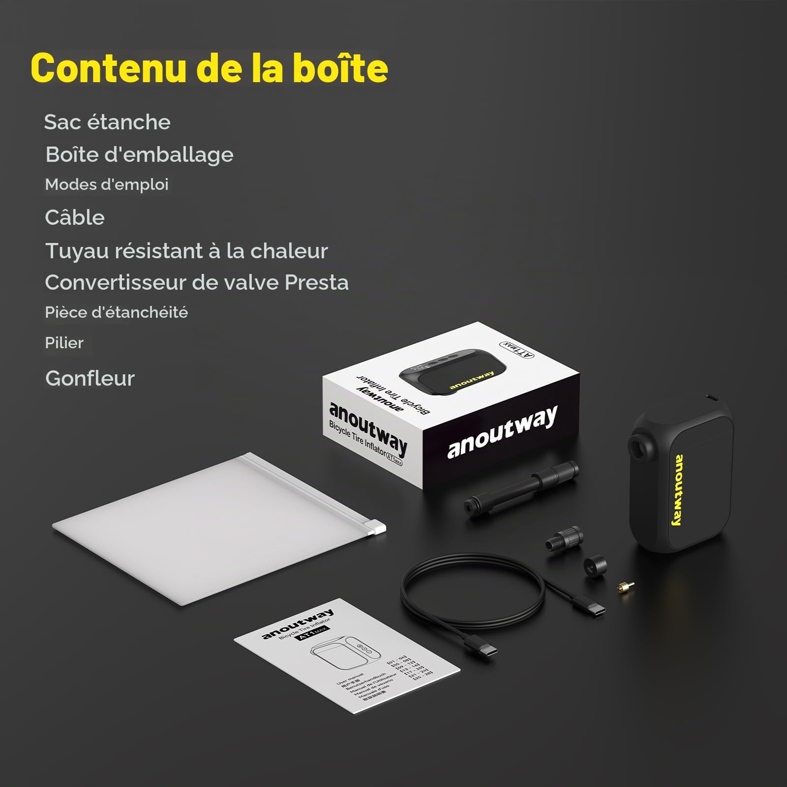 Pompe électrique Rechargeable Tiny Pump, 120 PSI Max, avec arrêt Automatique. Compatible valves Presta et Schrader, pour vélos électriques, VTT, Ville et Route AT1 Max