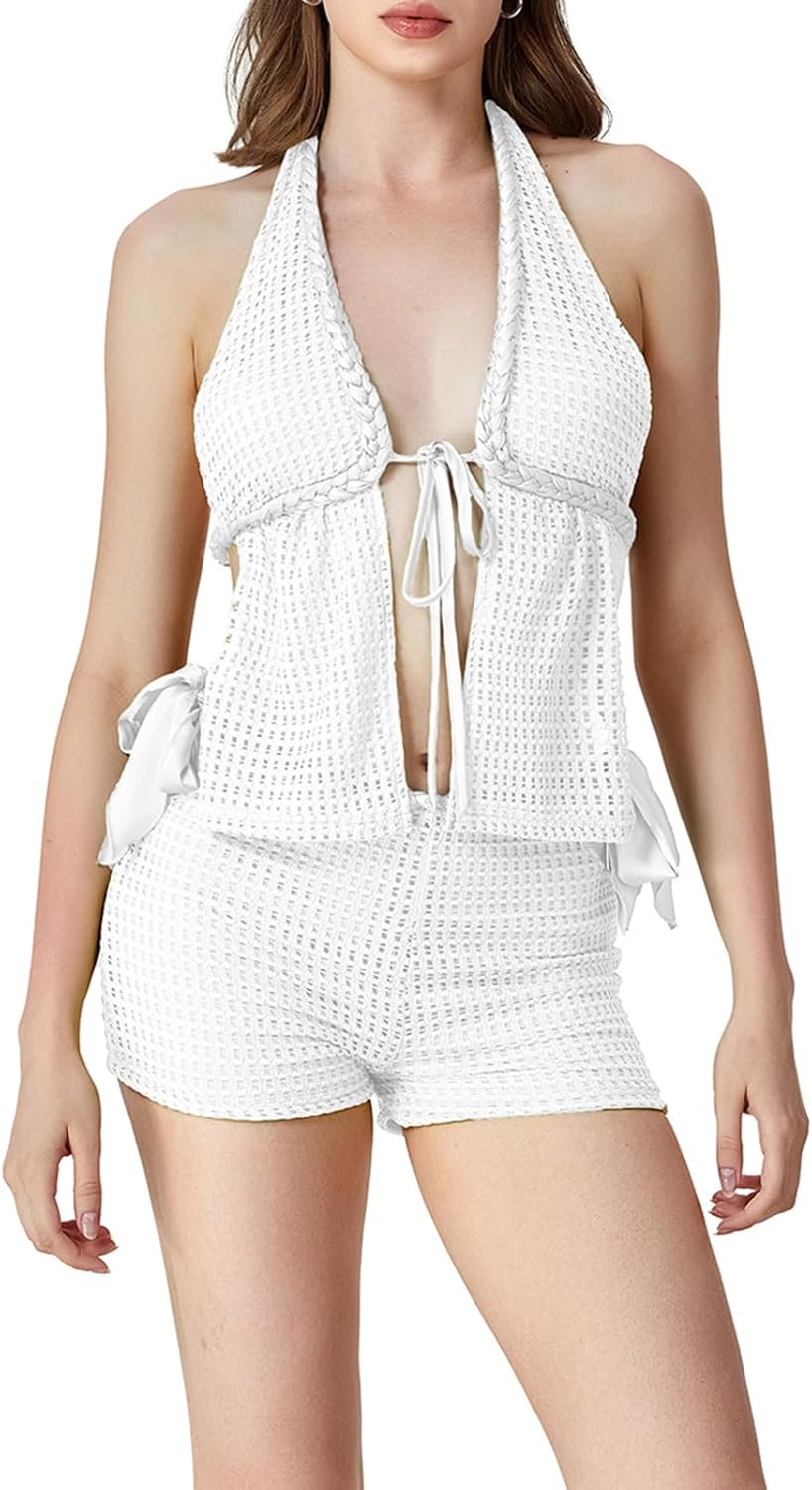 Women Boho 2 piece Outfits Crochet Knitted Y2k Halter Backless Tie-up Tank Tops +Shorts Cover up Sets