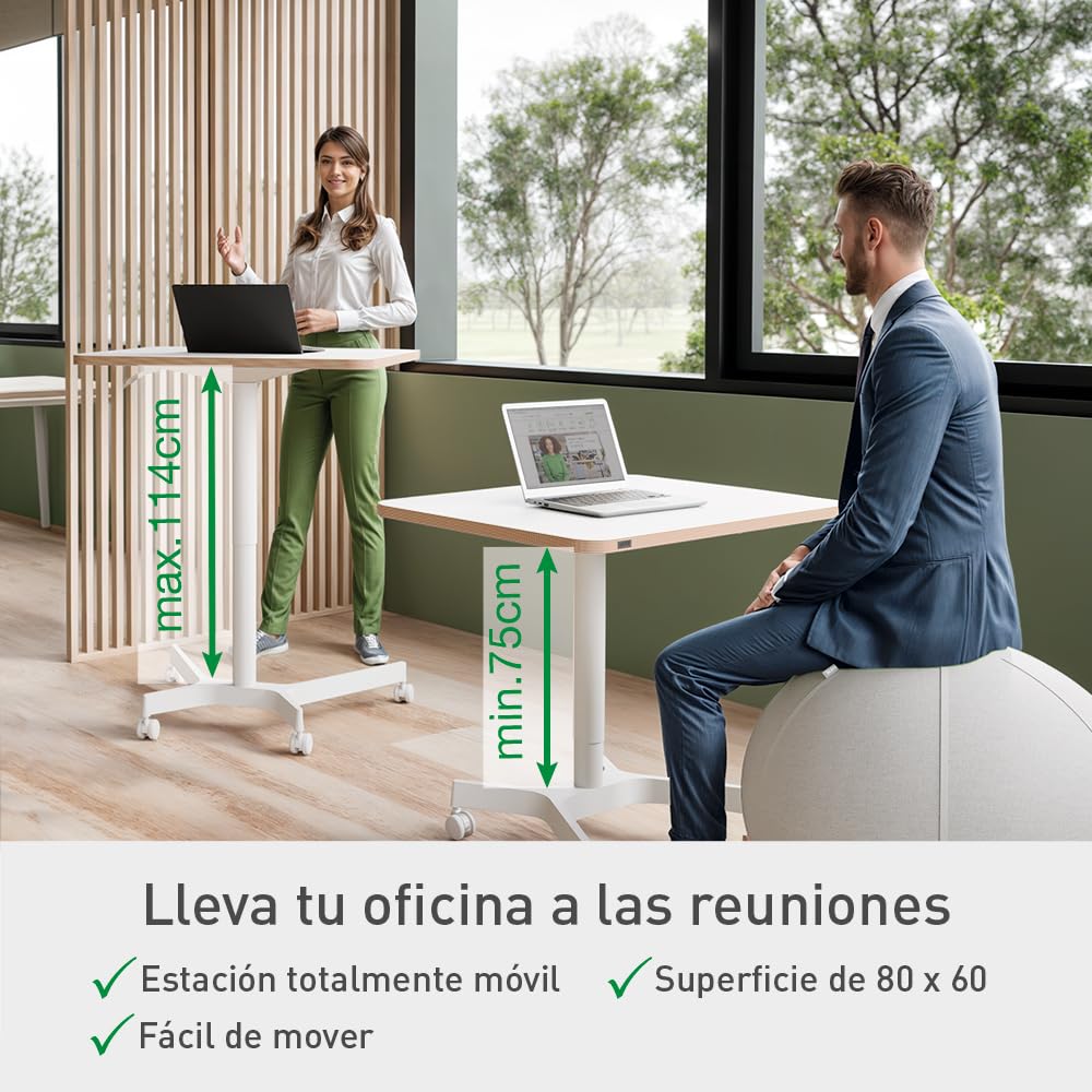 Leitz 65360001 - Escritorio Ergo Elevable Compacto, Ajuste de Altura Mediante Mecanismo Neumático, Carga de Hasta 20 kg y Ruedas Integradas, 80 cm x 60 cm, Gama Ergo, Manual Blanco