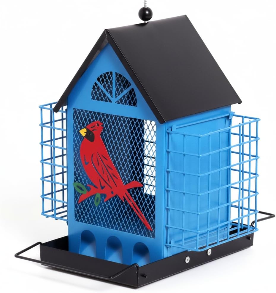 Blue House Metal Bird Feeder - 20" Hanging Wild Bird Feeder with Decorative Accents, Large Capacity Outdoor Birdfeeder for Cardinals and Songbirds, Perfect Garden Gift