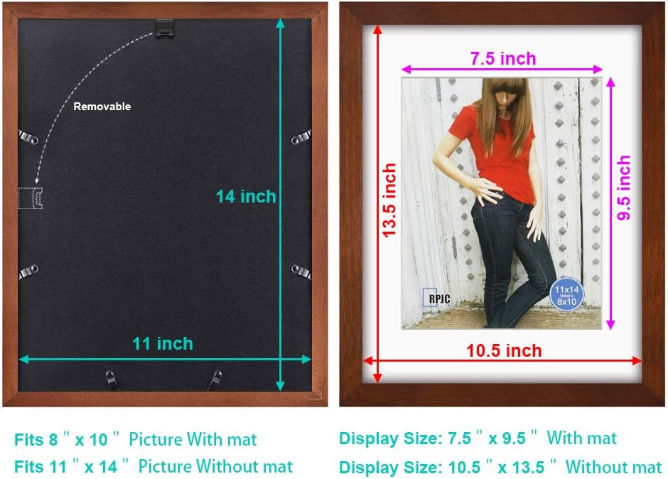 RPJC 11x14 Picture Frames Made of Solid Wood and High Definition Glass Display Pictures 8x10 with Mat or 11x14 Without Mat for Wall Mounting Photo Frame Brown -