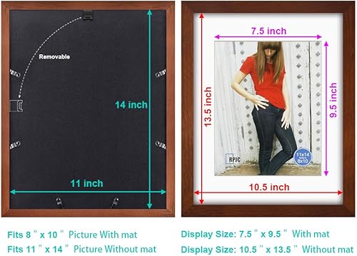 Miniatura 4 de RPJC Marcos de 11 x 14 pulgadas hechos de madera maciza y vidrio de alta definición para fotos de 8 x 10 pulgadas, con paspartú, o de 11 x 14