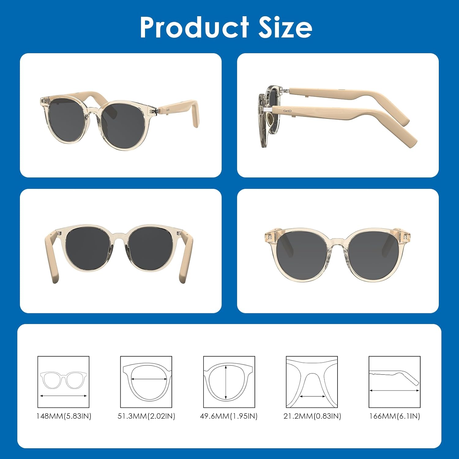 GetD Smart Glasses - Translucent Beige Frames, 100% UV & Glare Protection. Bluetooth AI Music Glasses for Men & Women with Polarized Lenses, AI Translator, 11H Battery Life, for Travel & Daily.