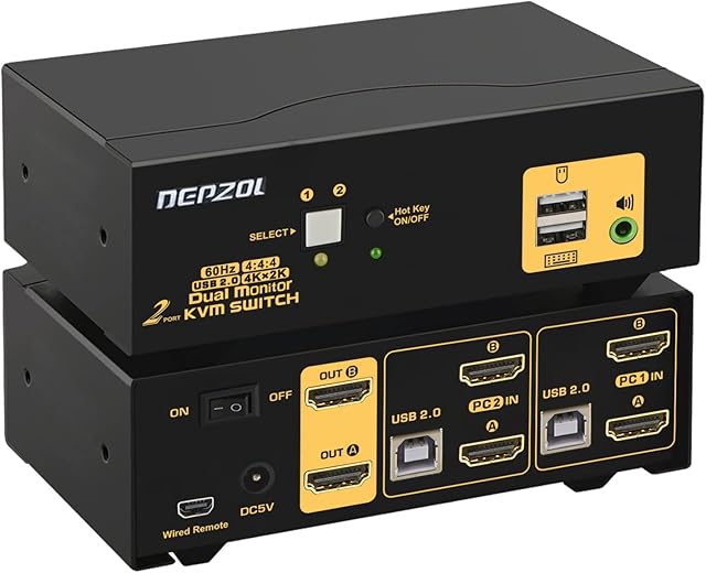 DEPZOL 2 Port HDMI Dual Monitor KVM Switch 4K 60Hz for 2 Computers 2 Extended Display with Cables, Supports YUV 4:4:4, HDCP 1.4, HDR 10, EDID, Audio, Hotkey 922HUA-1A