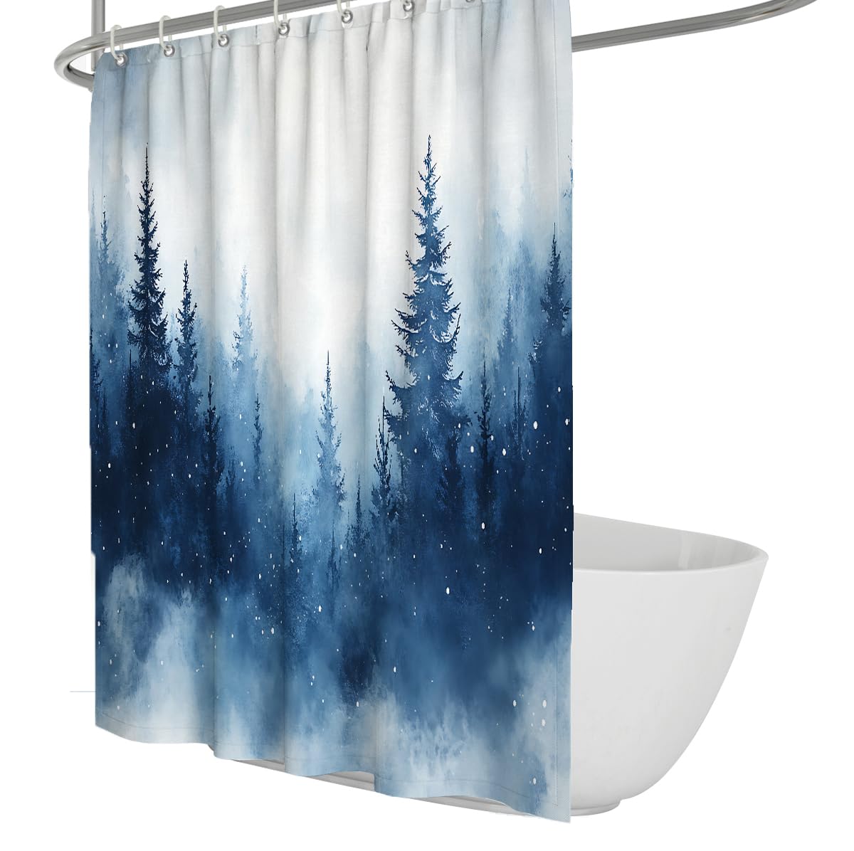 Rideau Douche Paysage forêt pins Aquarelle Bleue W200xL200 cm