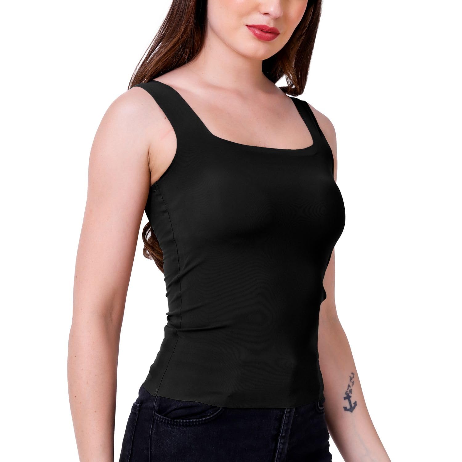 Women Padded Camisole Workout Top| Tank Top with No Trace,Square Neck Seamless Vest,Elastic Removable Wide Shoulder Strap Camisole Pack of 1.