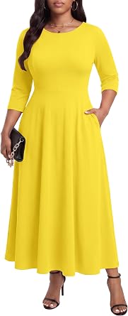 Nomder Maxi Dresses for Women - Long Elegant 3/4 Sleeve Crew Neck A-Line Semi Formal Church Work Dress with Pockets