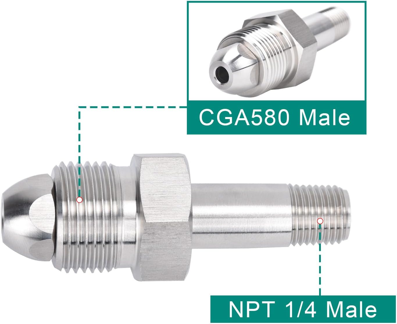 CGA-580 Nut and 3 inch x 1/4 NPT Nipple Nitrogen Regulator Inlet Botte Fitting, for Helium, Krypton, Argon Delivery, Compatible with Argon Regulator, Connecting Nitrogen Tanks & Gas Cylinders