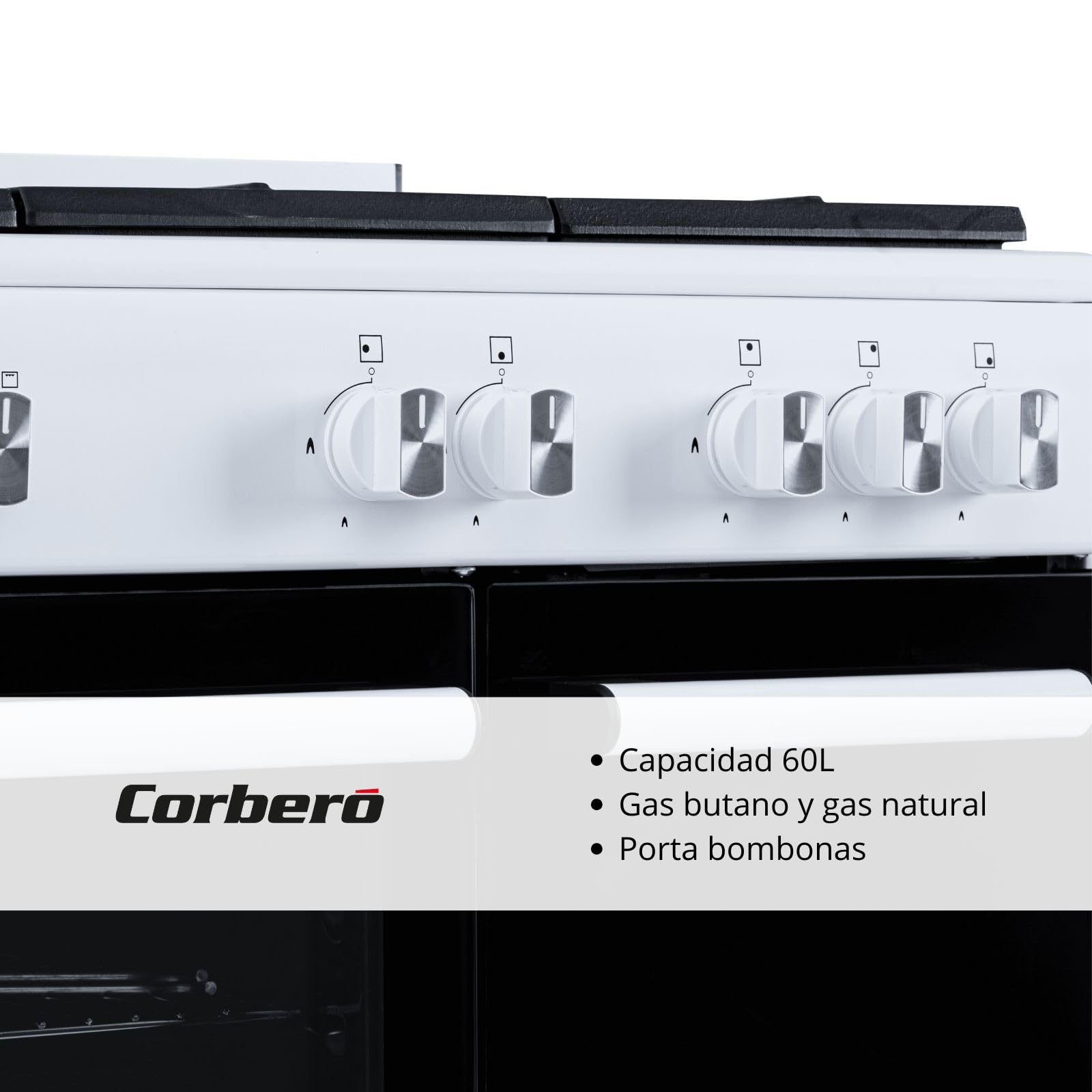 Corberó - Cocina de Gas Butano 5 fuegos | CCSF5GB922W |80x90x60| Horno 60L | Wok a la Izquierda | Encendido Manual | Cajón Calientaplatos | Bandeja y Parrilla Extra Gruesa | Con tapa | Blanco