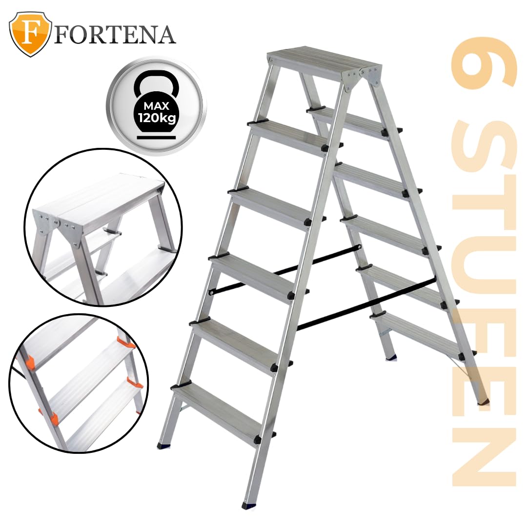 Fortena Haushaltsleiter Doppelleiter 2x6 Stufen Aluminium 120 kg Belastung