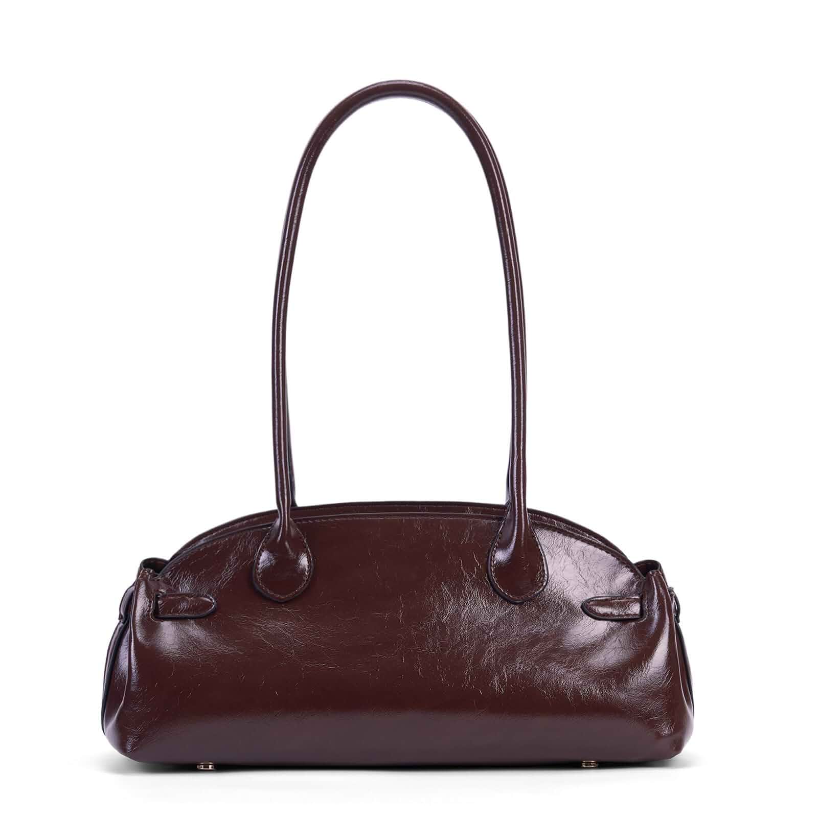 Vintage Shoulder Bag - Glossy Leather Top Handle Handbag, Retro Minimalist Dome Shoulder Purse, Elegant Underarm Bag