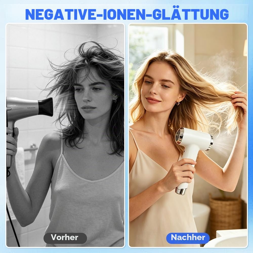 Akku Föhn Kabellos, Tragbarer Akku Haartrockner mit 3 Geschwindigkeiten und 3 Temperaturen, Akku Fön Haare mit Digital Bildschirm, Föhn Kabellos Aufladbar für Reisen, Camping