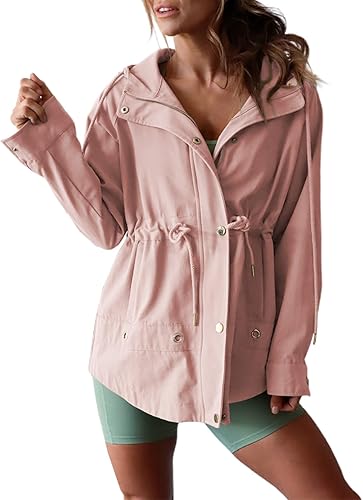 Dokotoo Chaqueta Anorak para mujer, ligera, botones a presión, con cremallera, cordón en la cintura, resistente al viento, con bolsillos