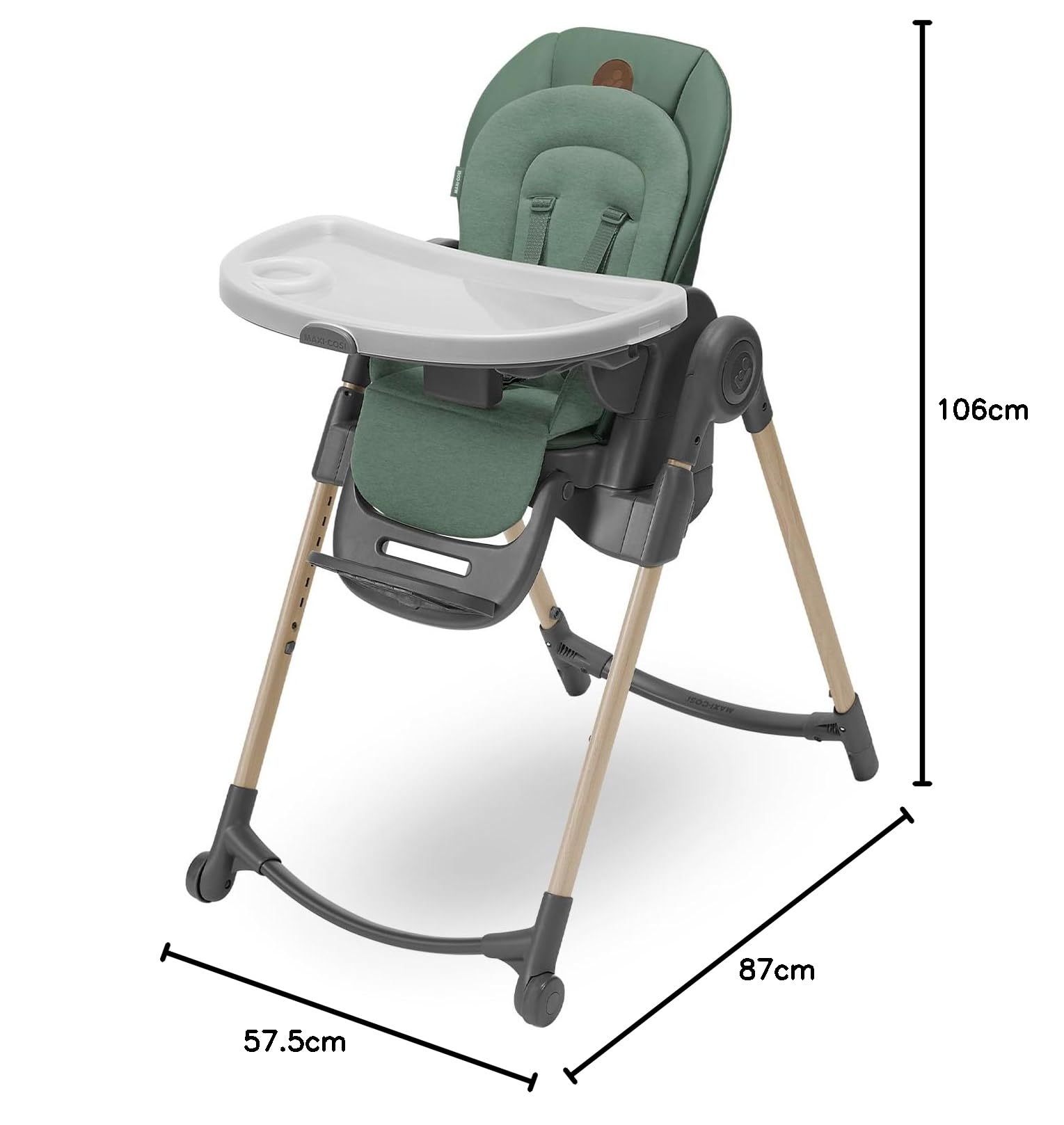 Maxi-Cosi Minla Seggiolone Pappa Evolutivo, 0-14 Anni, portata 60 kg, Seggiolone pappa Bimbi, 6 Funzioni, Reclinabile 5 Posizioni, 9 Posizioni Altezza, Poggiapiedi Regolabile, Beyond Green