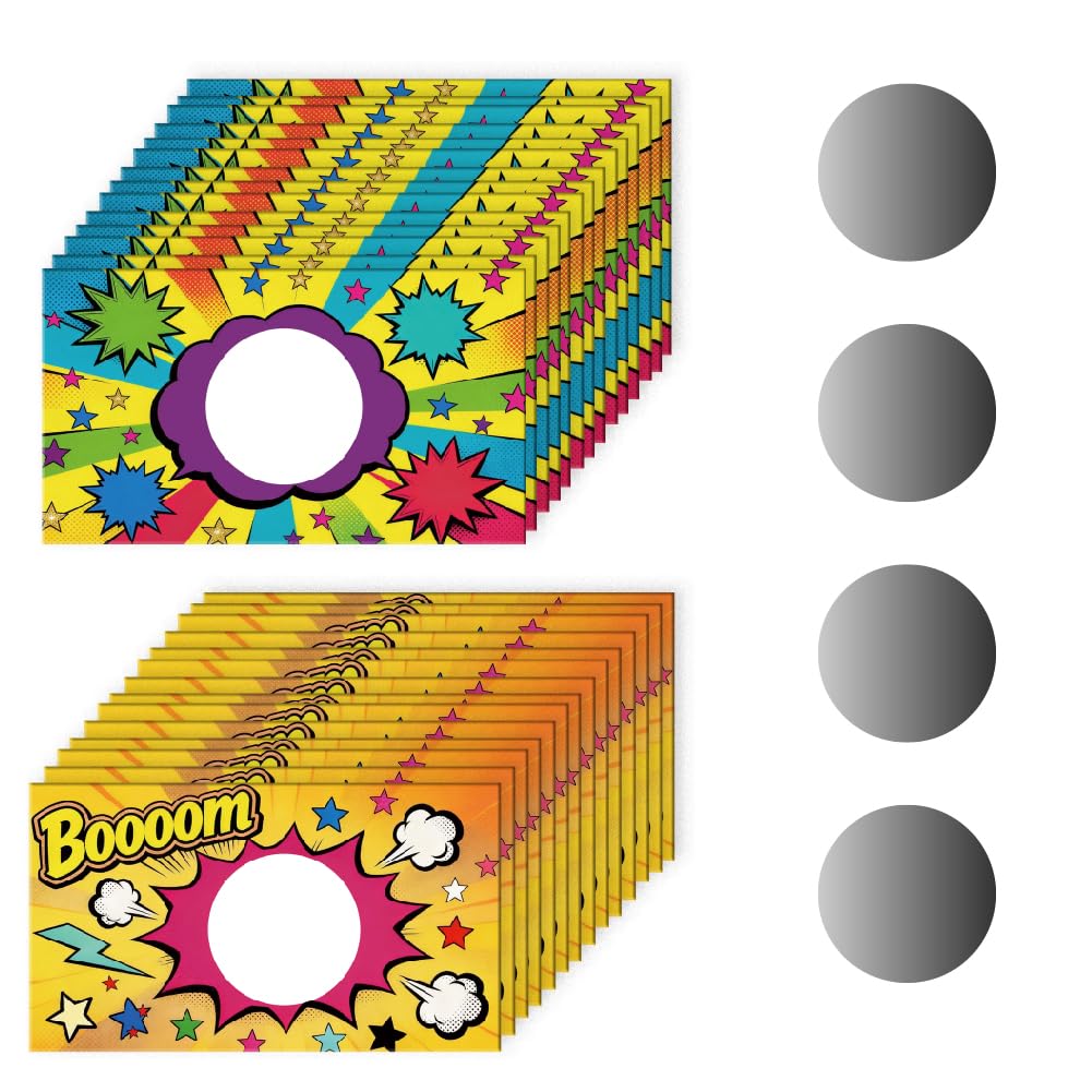 PRESSINART 120Pcs Cute Scratch Off Cards Stickers 3.7 x 2.1 Inch Colorful Comic Boom Design, Scratch Cards DIY Blank Gift Certificates for Bridal Shower Birthday Party Favors Games Restaurant Business