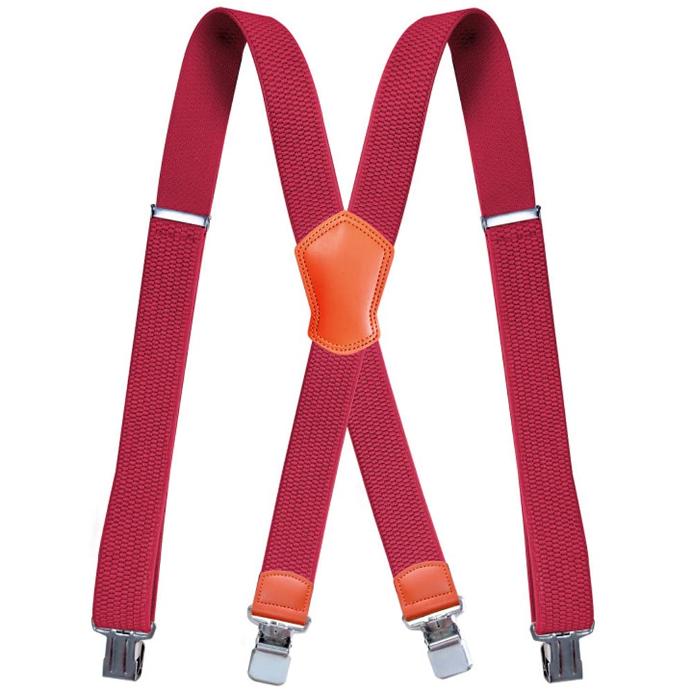 Yyksydpt Men's Red Braces For With Very Strong 4 Clips 38 Mm Wide Duty Suspenders Durable Elastic X Style Adjustable Brace Suspenders (Red)