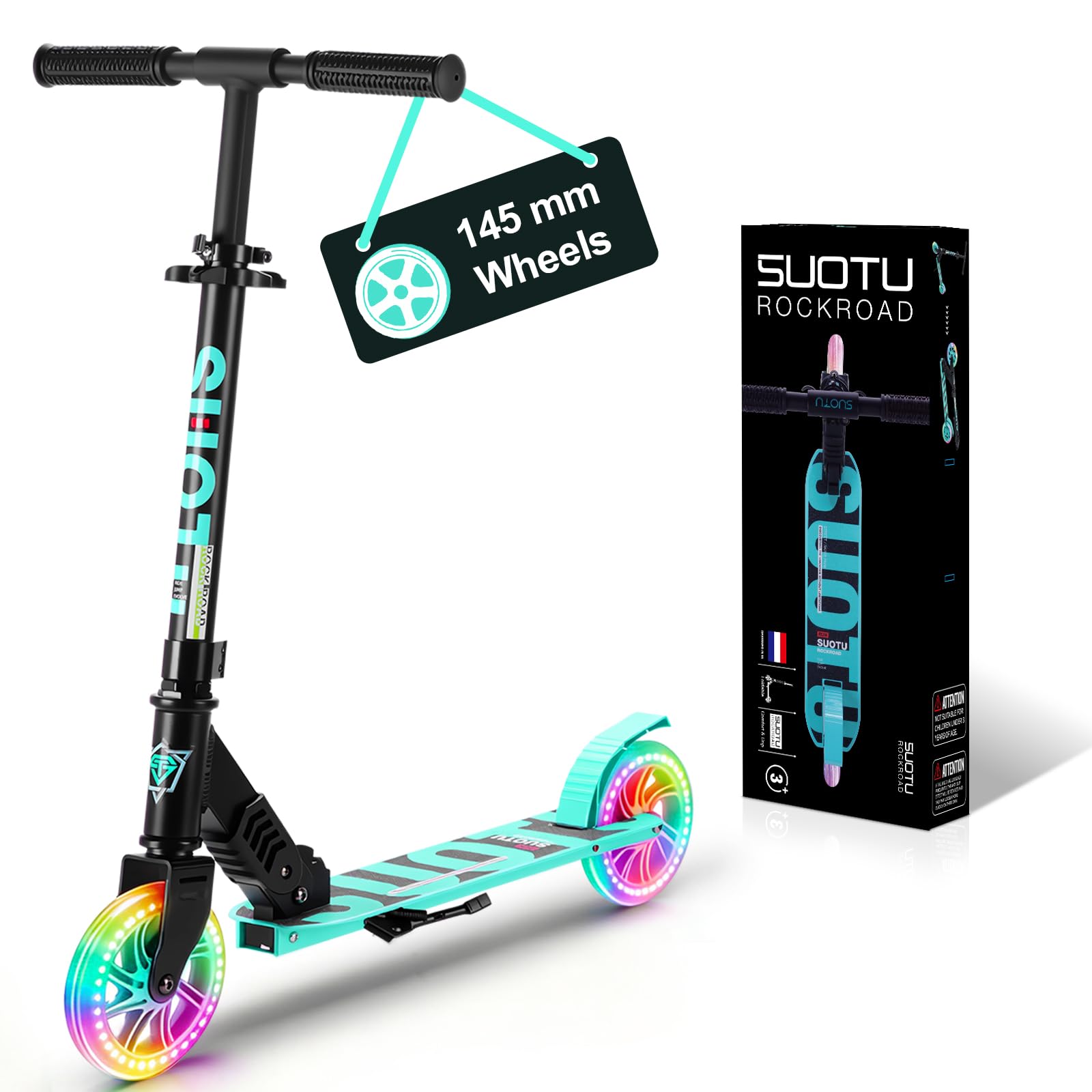 Patinete Niño con Grandes Ruedas Iluminadas de 145 mm, Carga Máxima: 100 kg, Scooter para Niños de 3 a 12 Años, Plegable, Volante Ajustable Altura, Aluminio