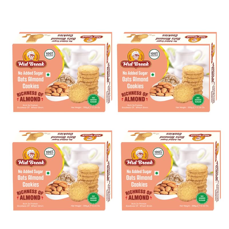 Image of Midbreak No Added Sugar Oats & Almond Cookies - 300gm (Pack Of 4) | Healthy Digestive Diabetic-Friendly Biscuits | Handmade & Delicious Tea Time Snack Biscuit