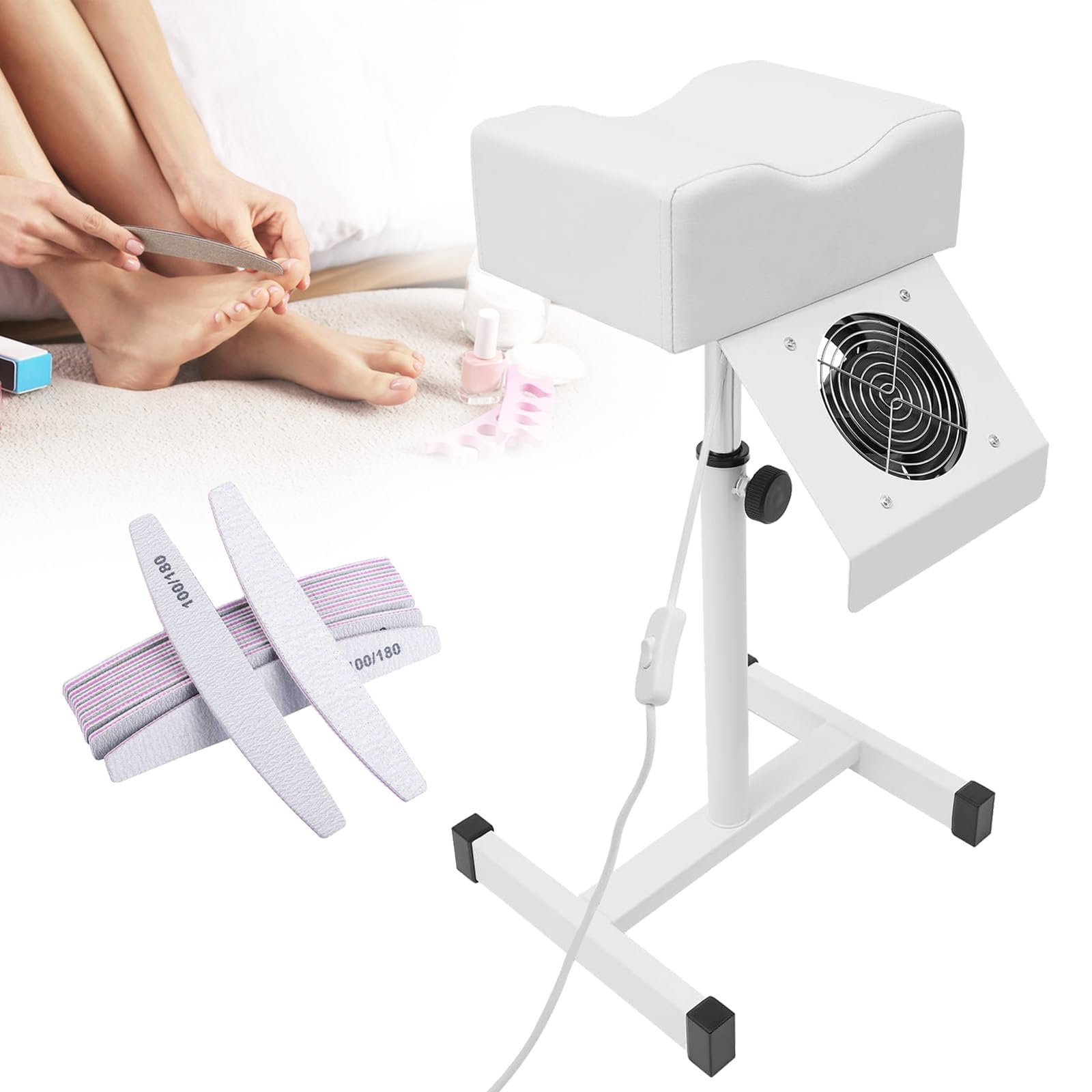 Silla de Pedicura Móvil BONJUME, Reposapiés con Altura Ajustable de 48-80CM, para Salón de Belleza y Estudio de Uñas, Blanco, Material: Acero y Piel Sintética