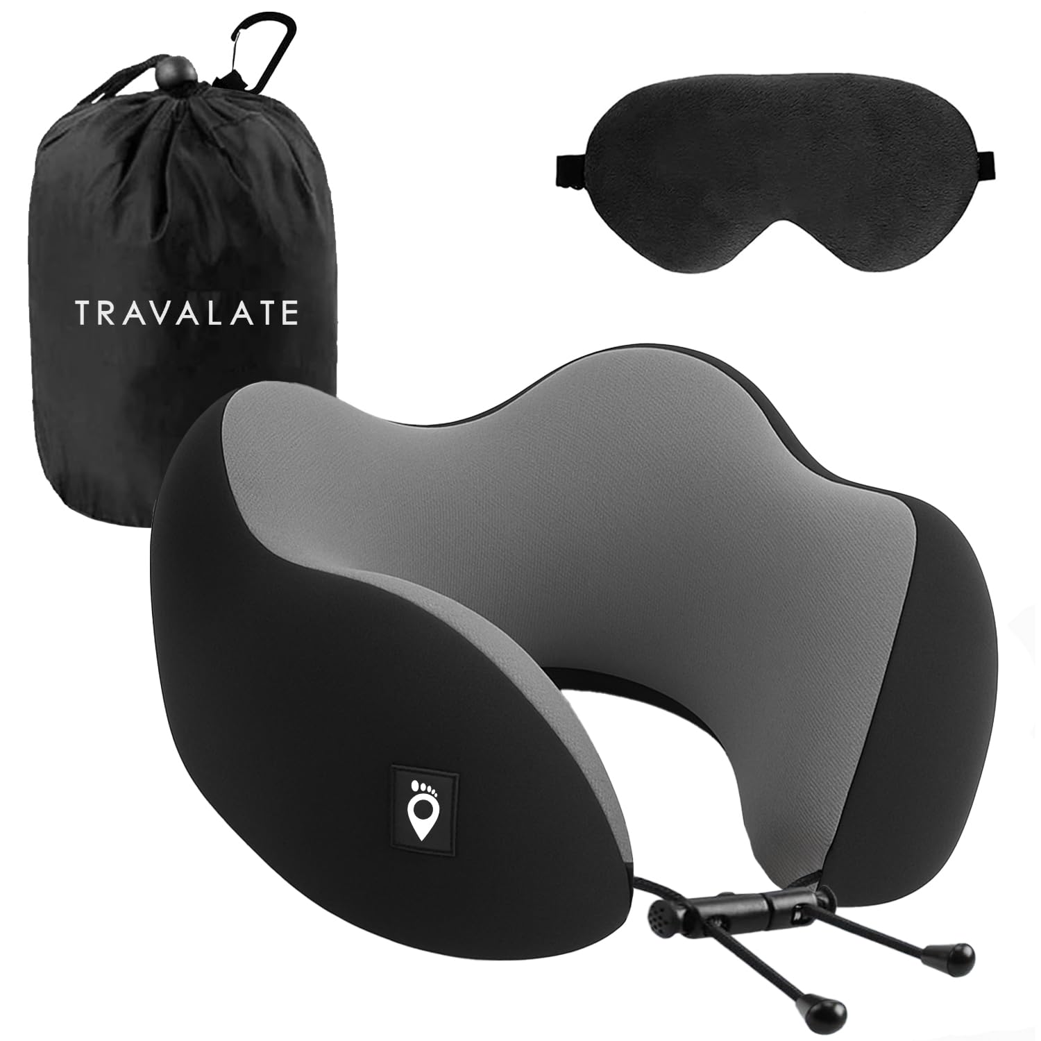 travalate travel neck pillow and sleeping eye mask | pure memory foam neck pillow and eye mask for flight travel, car sleeping | adjustable and soft head support travelling neck pillow – black