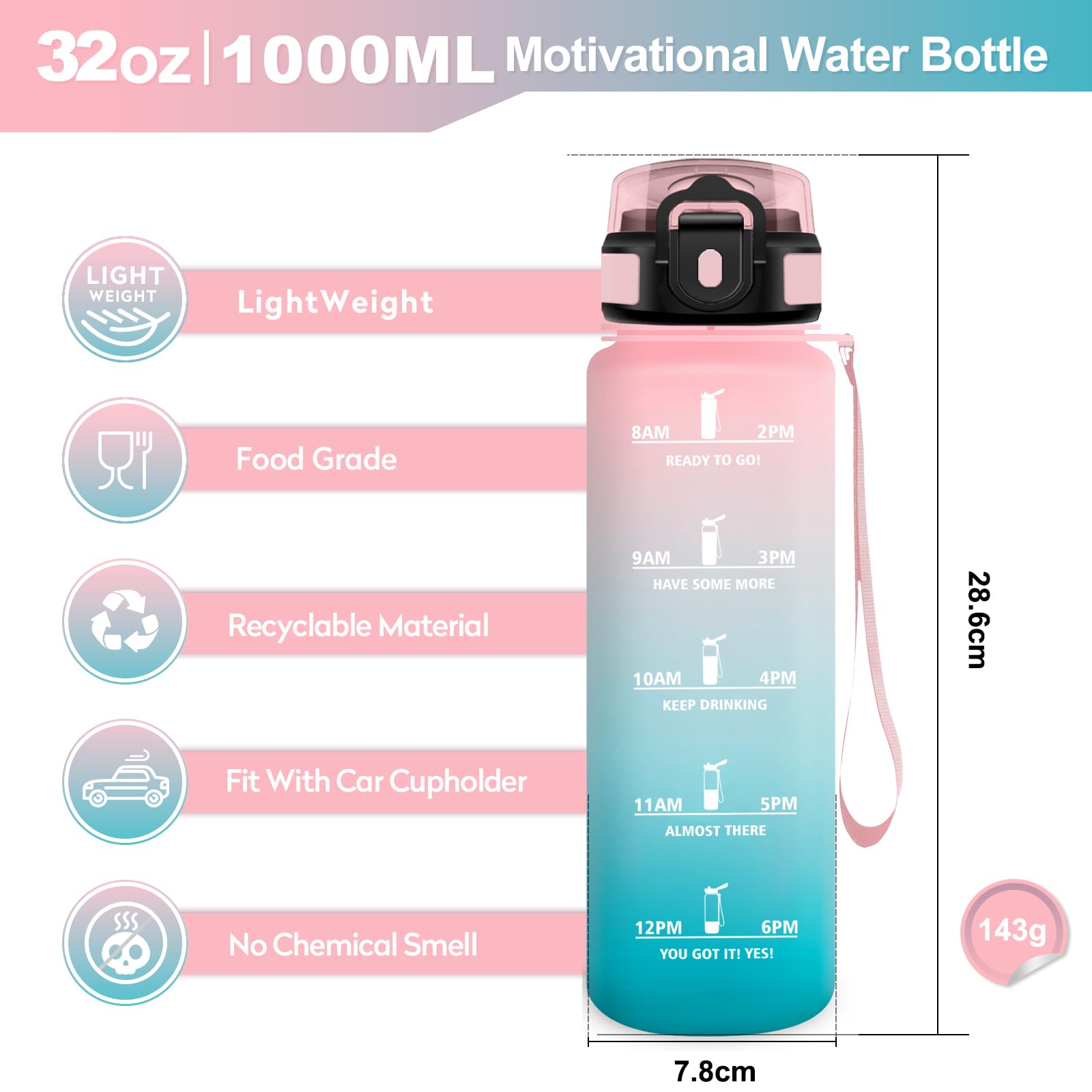 KollyKolla Borraccia 1L, Borraccia con Cannuccia e Marcatori Temporali, Bottiglia Riutilizzabile, senza BPA, Bottiglia Acqua A Prova di Perdite, ideale per Fitness, Scuola, Ufficio, Yoga