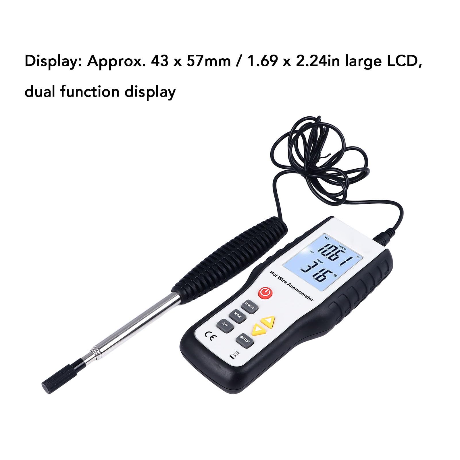 Anemómetro Térmico, Medidor Profesional de Velocidad del Viento con Sonda Extensible 1000mm, Pantalla LCD Grande, Mide CFM/CMM, 0.8s Muestreo para HVAC, Turbinas Eólicas