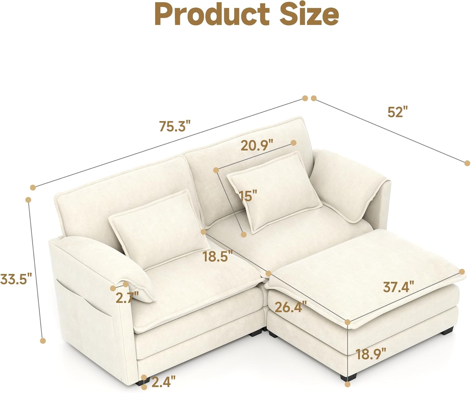 Real Relax 75.3'' Modular Sectional Sofa, Loveseat Chenille Convertible Couch with Movable Ottoman 4 Pillows and 2 Armrest Pillows for Living Room, Office and Leisure Places, Beige