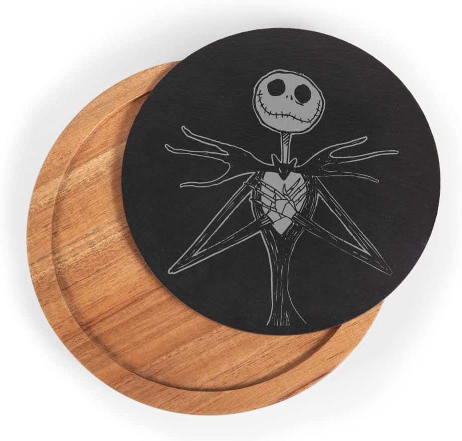 TOSCANA - a Picnic Time brand - Disney Nightmare Before Christmas Jack Insignia Cheese Board & Knife Set, Charcuterie Board, Serving Platter, (Acacia Wood & Slate Black with Gold Accents)