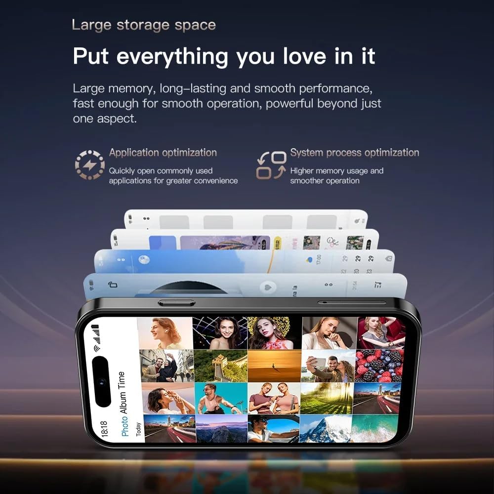 Image depicting multiple phone screens stacked, symbolizing large storage capacity for the Truely M16 Pro Mini Smartphone.