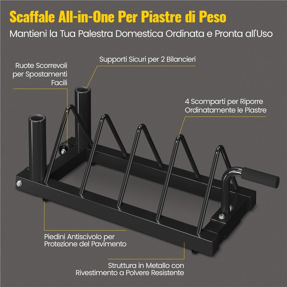 Yaheetech Supporto per Manubrio Rack di immagazzinaggio Mobile per Pesi Dischi Barre di Sollevamento con Maniglia di Trasporto e Ruote 4 Scomparti Fitness Gym Nero