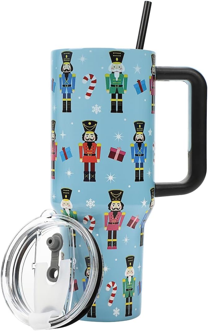 Bioworld Nutcrackers Vacuum Insulated 40 Oz. Stainless Steel Tumbler with Reusable Straw & Leak-Proof Lid Easy Carry Handle for Travel or Home