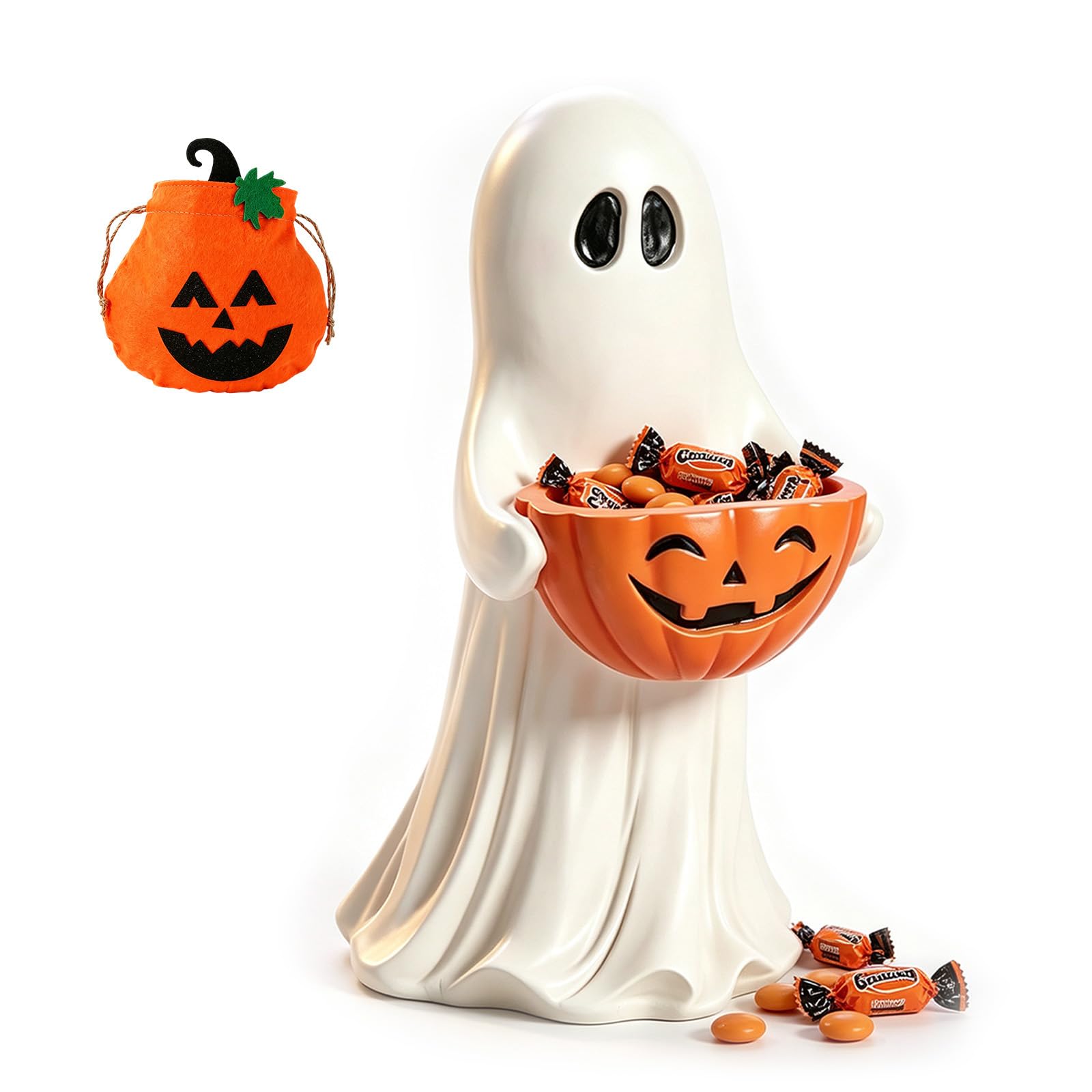 14 Inch Resin Ghost Statue with Pumpkin Candy Bowl, Halloween Décor (1PC)