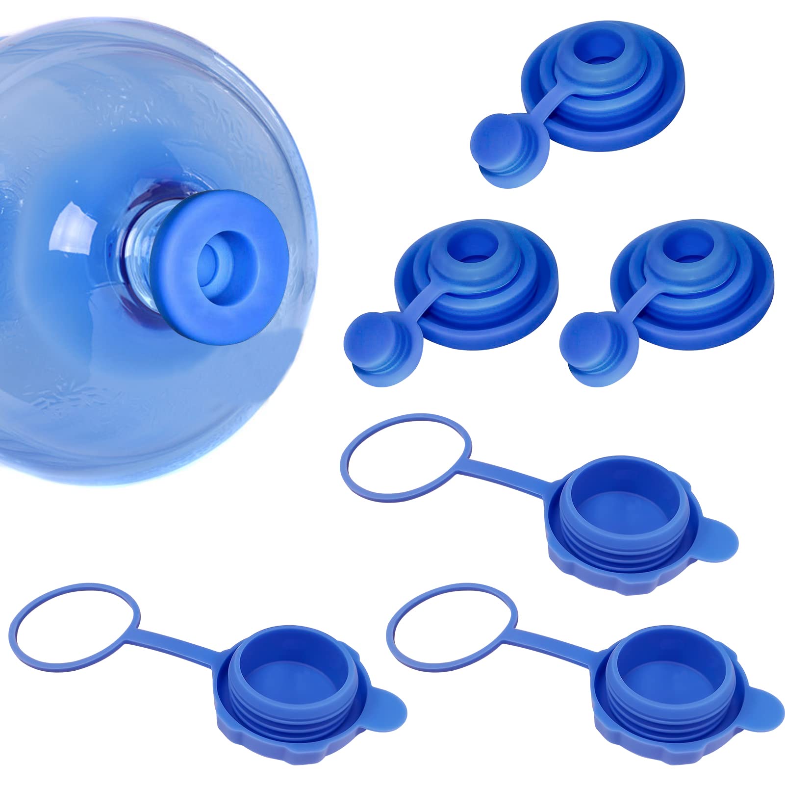 6 Pack 5 Gallon Water Jug Caps Reusable Water Jug Cap with Hanging Ring & Water Bottle Cap with Hole Anti Splash 55mm Silicone Replacement Water Jug Lid