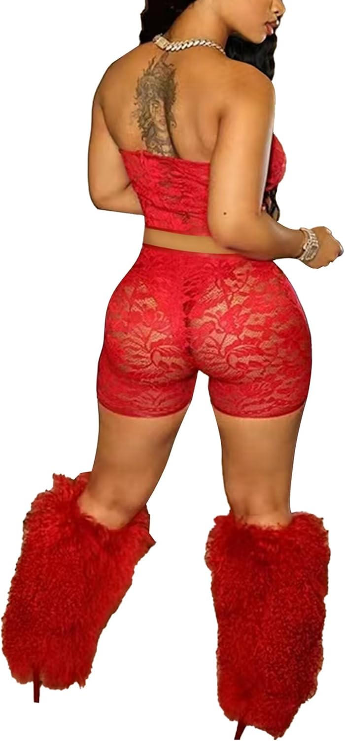Mintsnow Women's See Through Lace 2 Piece Short Outfit Sheer Mesh Sleeveless Tube Top and Bodycon Shorts Sets Outfit Clubwear - Image 2