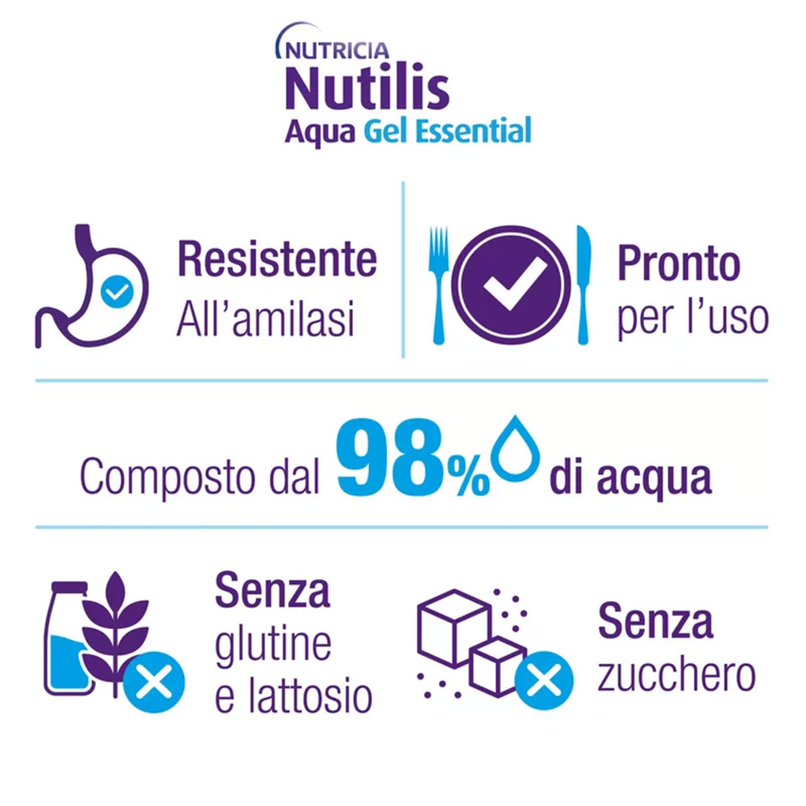 NUTILIS AQUA GEL ESSENTIAL - Acqua Gelificata per la Gestione Dietetica della Disfagia, Senza Zucchero, Glutine e Lattosio, Alimento a Fini Medici Speciali, Gusto Mela - 4 x 125g (Confezione da 4)