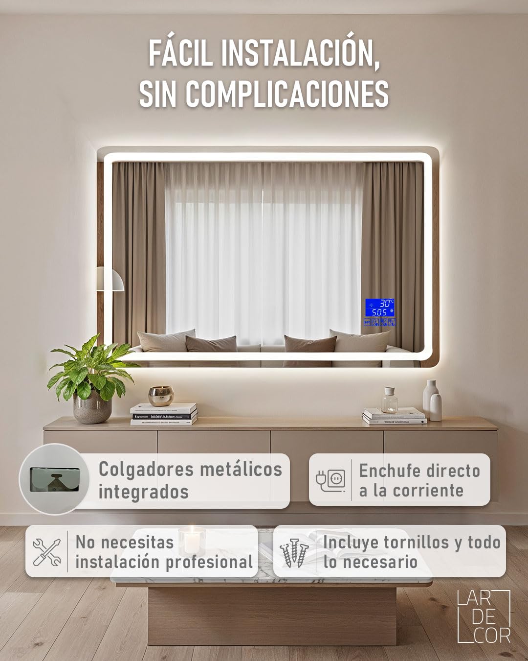 Espejo con Bluetooth y Luz LED Tipo 2 Regulable 3000K/4000K/6000K【120 x 70 cm】 Función Antivaho, Modelo Horizontal de Pared con Interruptor Táctil, Instalación Fácil