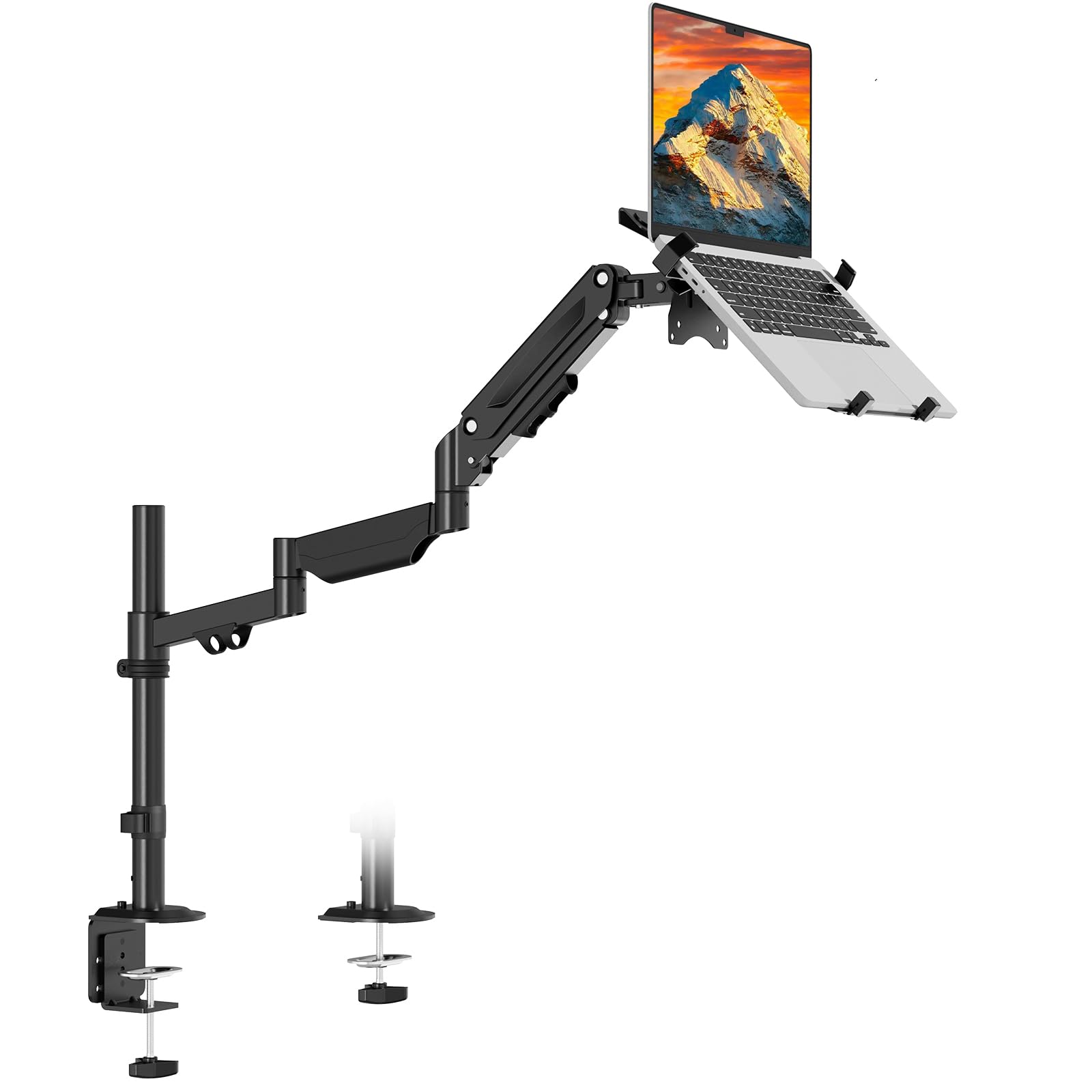 PUTORSEN Supporto a braccio per laptop fino a 18" e monitor da 17-32" | Portata massima 9 kg, supporto per monitor extra lungo con ripiano per laptop, sezione centrale rimovibile, VESA 75/100 mm