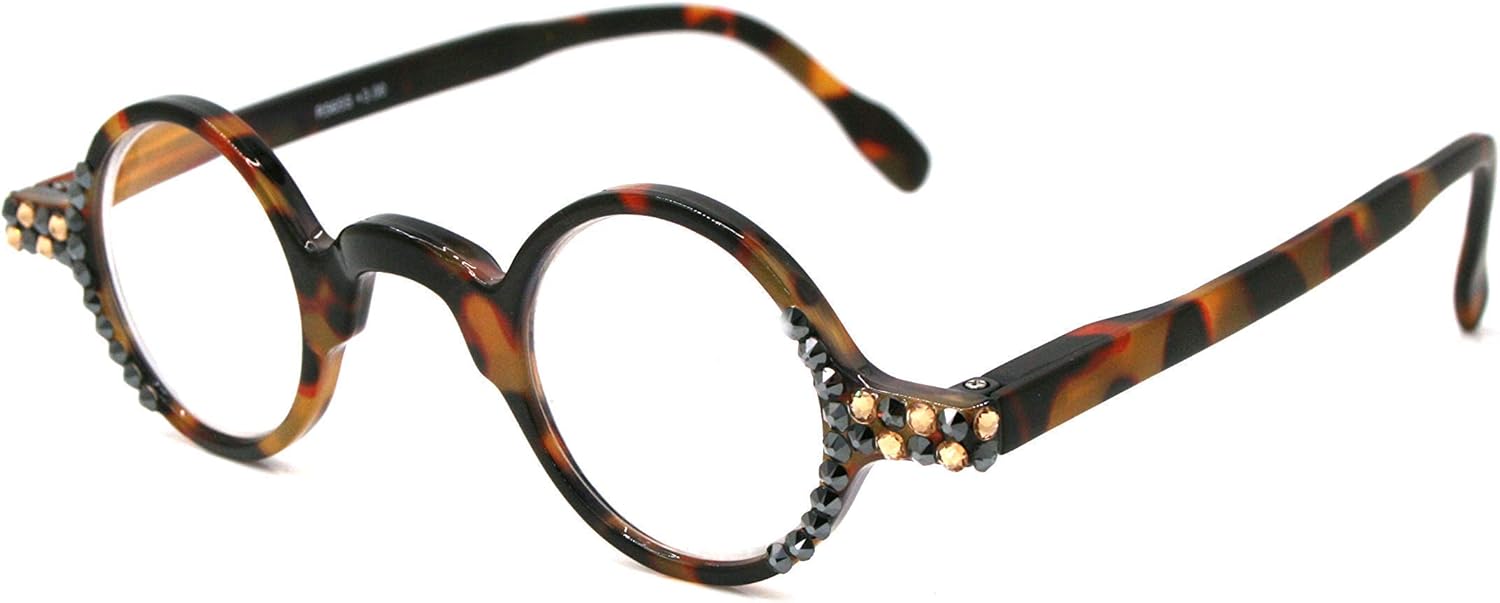 Picasso, Round Women Bling Reading Glasses Adorned with Hematite and Light Colorado Genuine European Crystals Tortoise shell Brown Frame. NY Fifth Avenue.