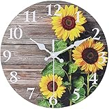 EZXZZ Sunflower Kitchen Decor Round Wall Clock 12 Inch Silent Non Ticking Battery Operated Wood Clock for Bedroom Bathroom Living Room