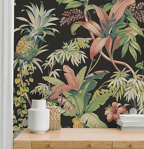 Image of Tommy Bahama - Peel and Stick Designer Wallpaper, Premium Botanical Wallpaper for Bedroom, Powder Room, Kitchen, Self Adhesive, Vinyl, 30.75 Sq Ft Coverage (Malay Botanic Collection, Ebony)