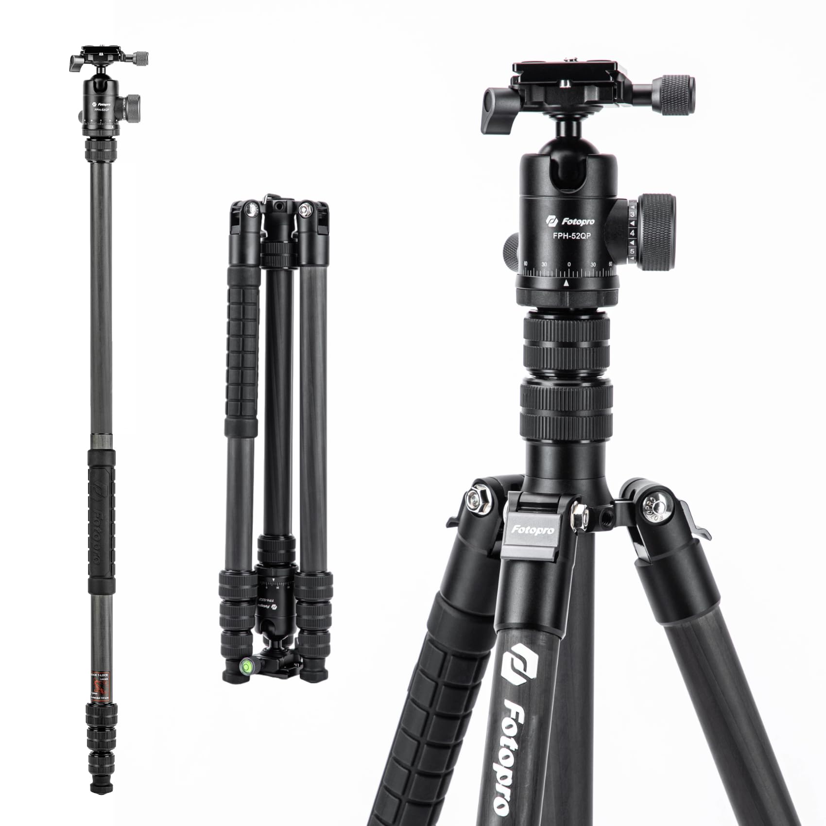 Fotopro 73"/185cm Carbon Fiber Travel Tripod for Camera, 360° Panorama Ball Head, Arca Quick Release Plate, Portable Bag, Compact Travel Tripod