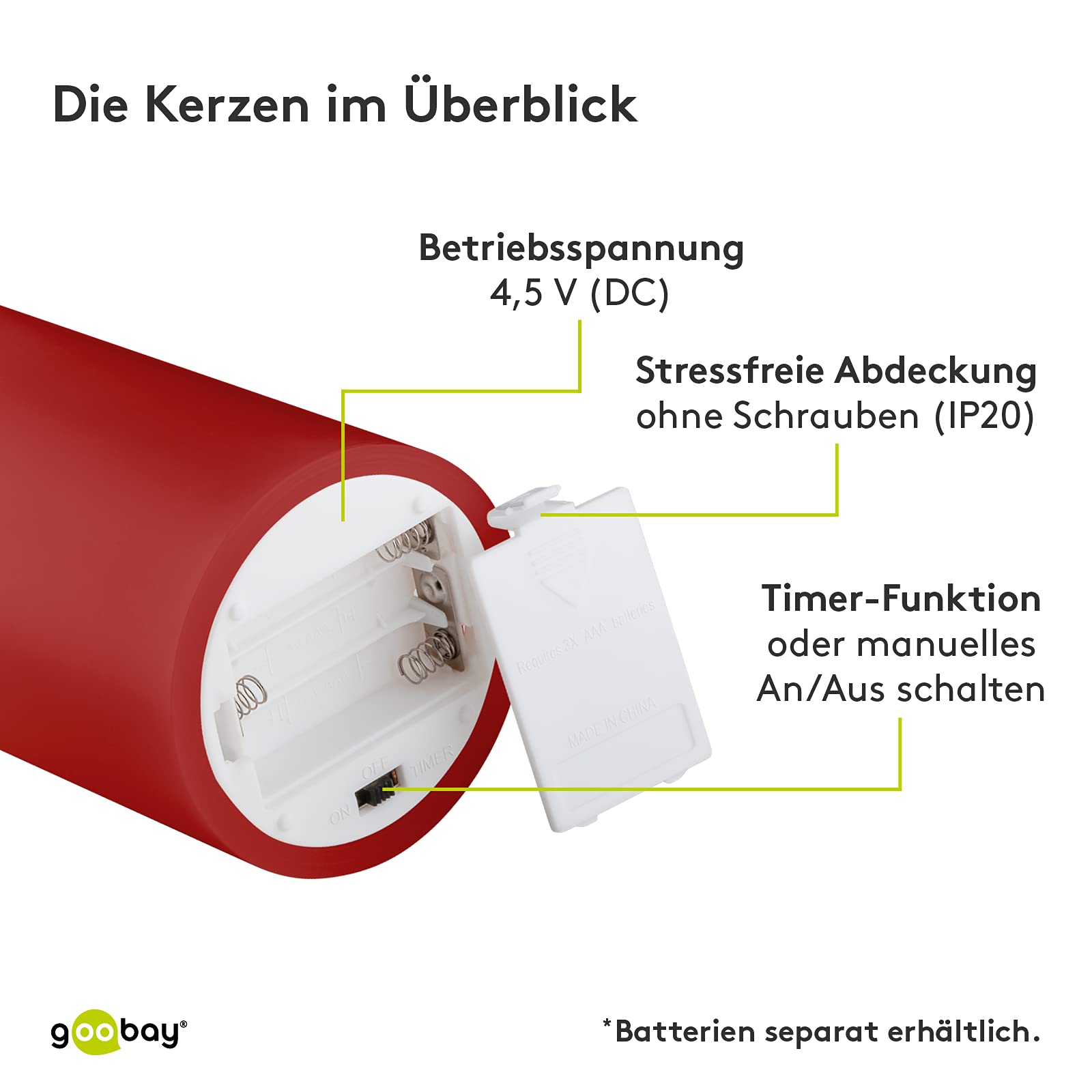 Goobay 44591 świece LED z funkcją timera/ciepłe światło LED świeca pieńkowa/LED świece z prawdziwego wosku, migoczący płomień, świece elektryczne, świece adwentowe, zestaw 4 szt., czerwone