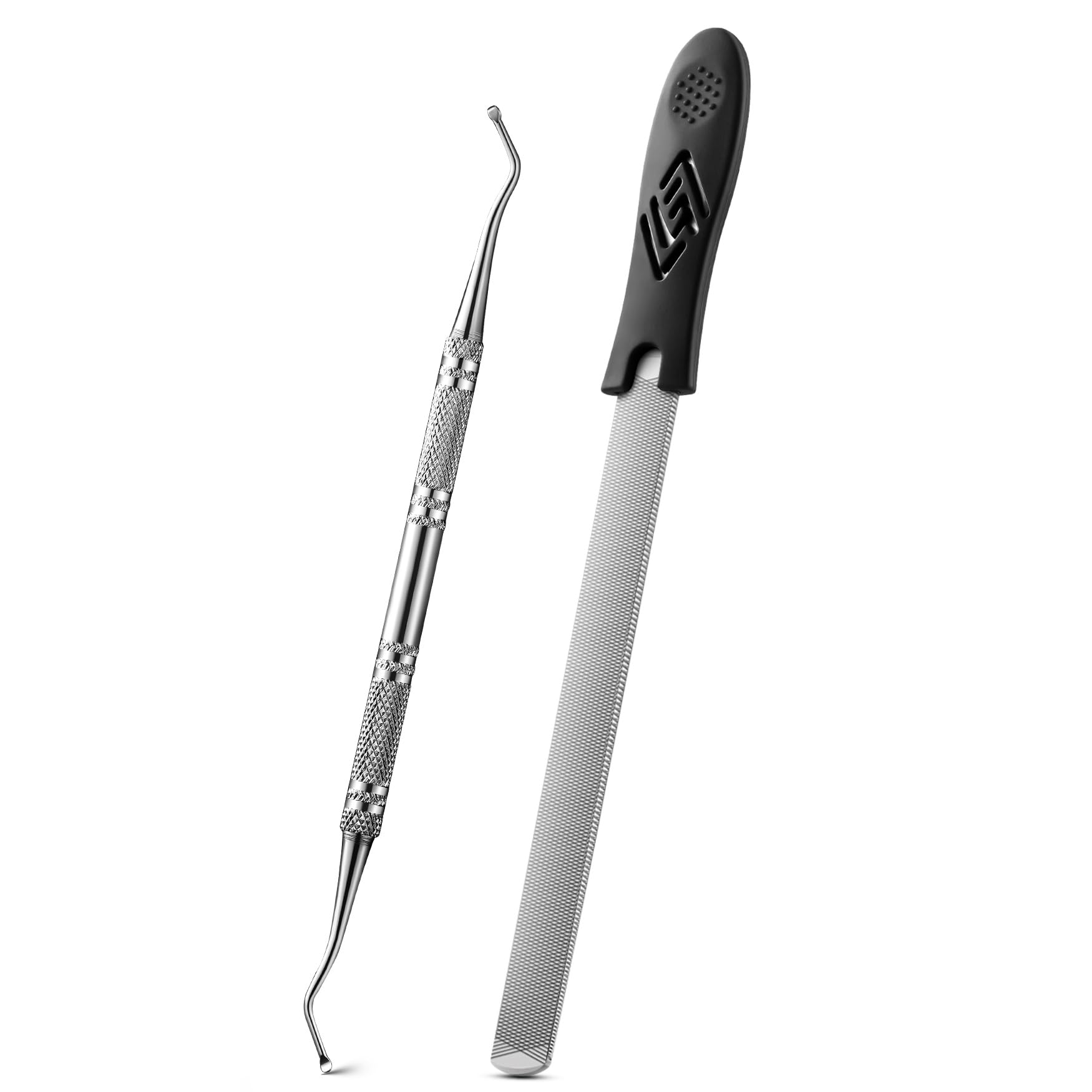 BALUCA Toenail File for Thick Nails &amp; Ingrown Relief | Heavy Duty Metal Emery Board with Toenail Lifter for Seniors, Coarse Grit (Black with Silicone Handle, 1, Count, 180/240 Grit)